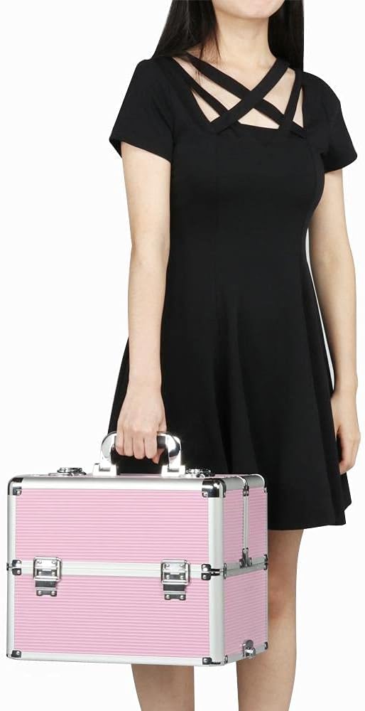 4-in-1 Rolling Makeup Train Case Aluminum Cosmetic Trolley Pink | Lockable aluminum frame with fold-out trays stores all your cosmetology supplies, rolls smoothly for travel school or clients