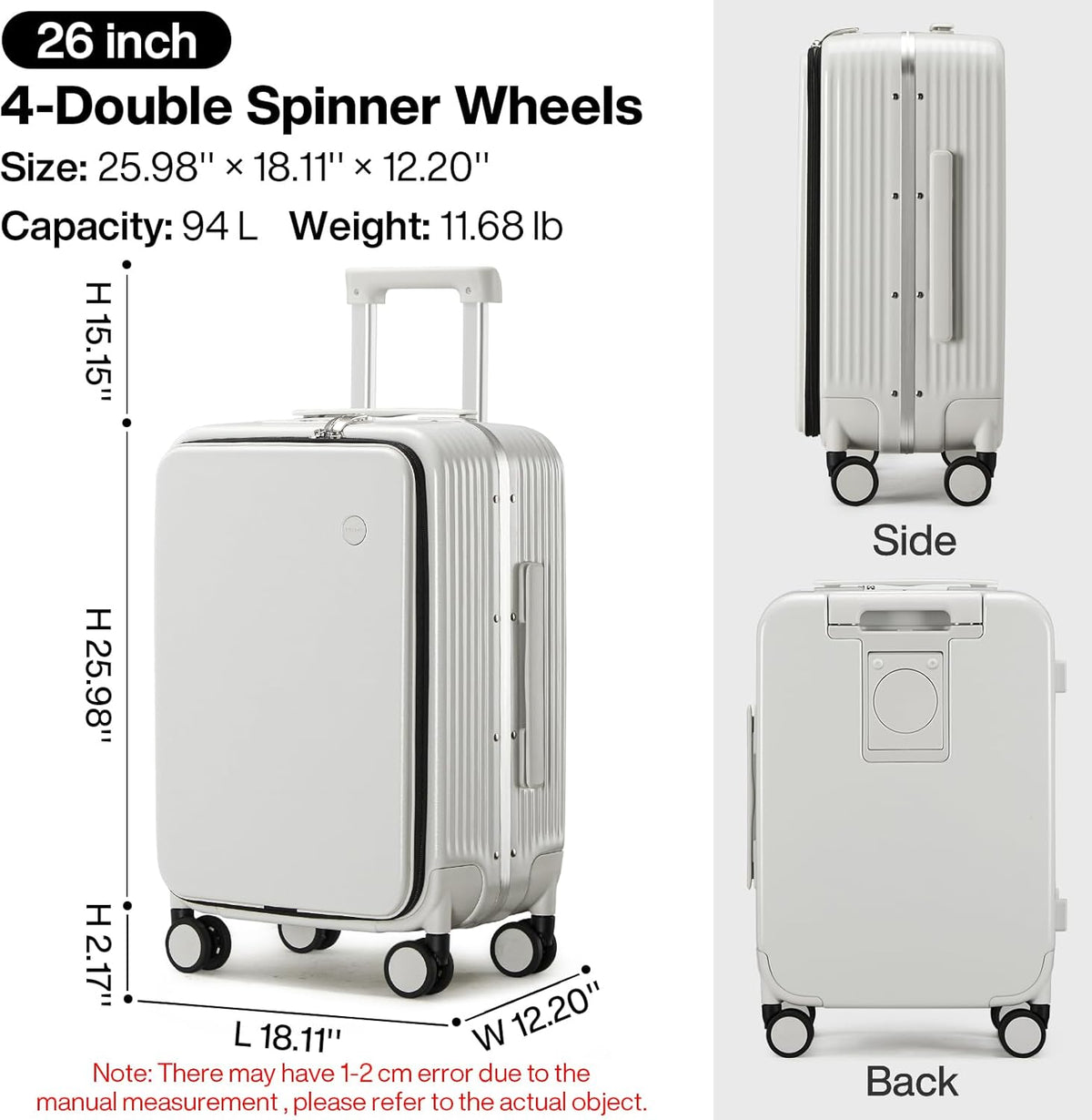 Carry On Luggage with Cup Phone Holder and Charger Hard Shell Suitcases with Spinner Wheels, 20 Inch Smoke White