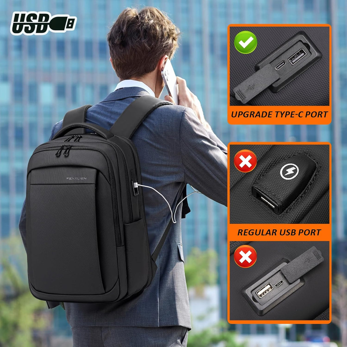 Work Backpack for Men, Water Resistant Expandable Backpack with USB C Charging Port, Black 15.6 Laptop Backpack