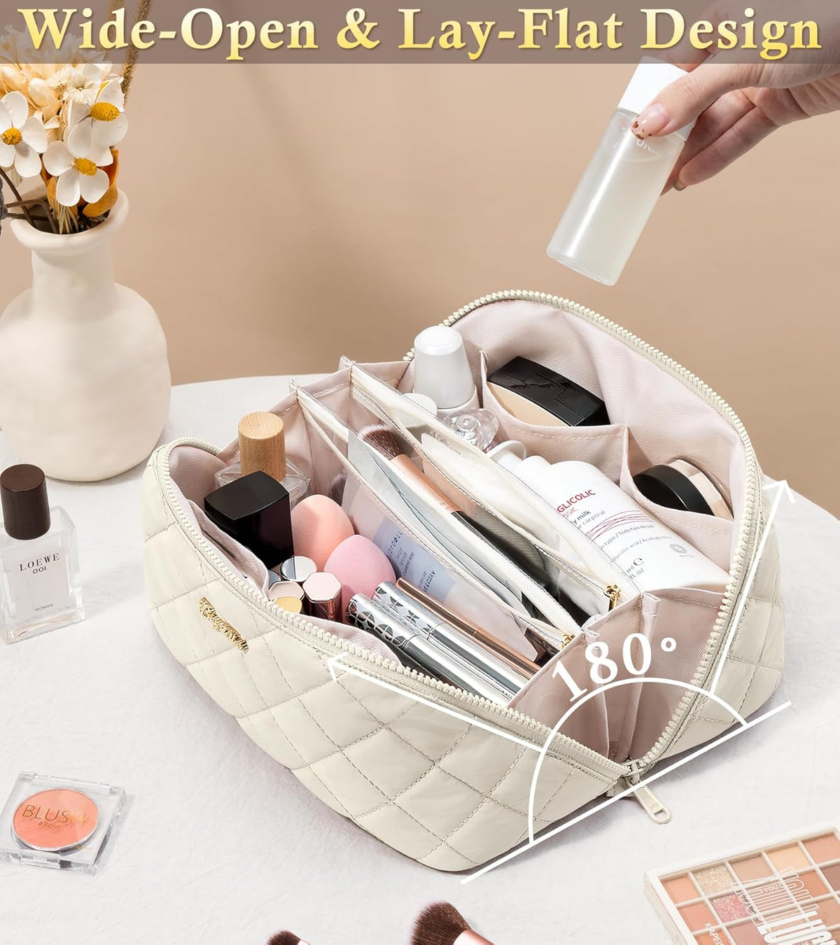 Travel Makeup Bag, 3 Pcs Large Capacity Puffy Toiletry Bag for Women, Open Flat Quilted Make up Cosmetic Organizer w/Handle & Clear Divider Water-resistant Portable Pouch Travel Essentials, L-Oatmeal