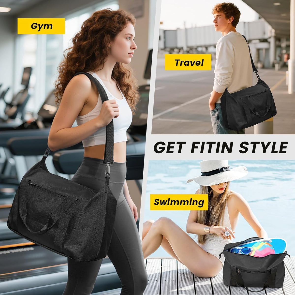 Small Gym Bag - 18 Inches Duffle Bag for Travel Lightweight Duffel Bag for Men Women Personal Item Bag Weekender Bag for Travel Sports Gym - Black