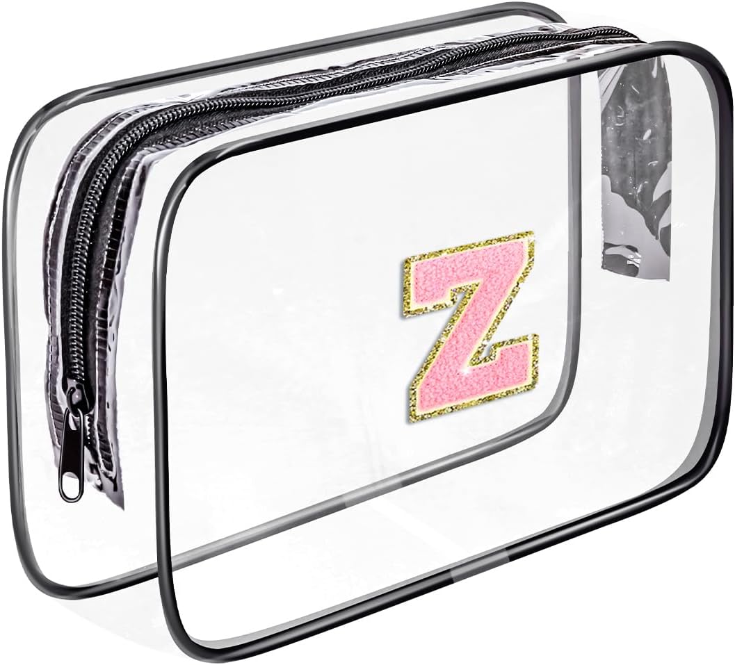 Clear Toiletry Bag,Portable Travel Toiletry Bag,Chenille Letter Cosmetic Bag with Zipper,Waterproof Makeup Bag,Cosmetic Storage Organizer for Women Men,Travel Essentials (Black,A)