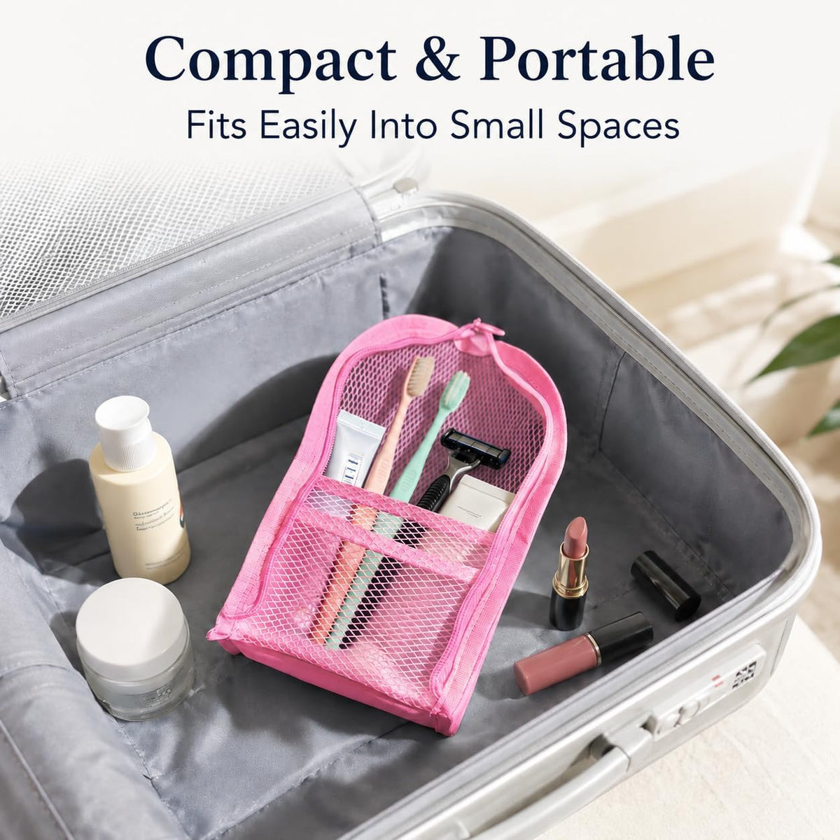 2-Pack Standing Travel Toiletry Bag Set, Waterproof PVC Hanging Cosmetic Organizer Pouches, Foldable Vertical Wash Bags for Toothbrush, Razor, Makeup, and Skincare(Gray & Pink)