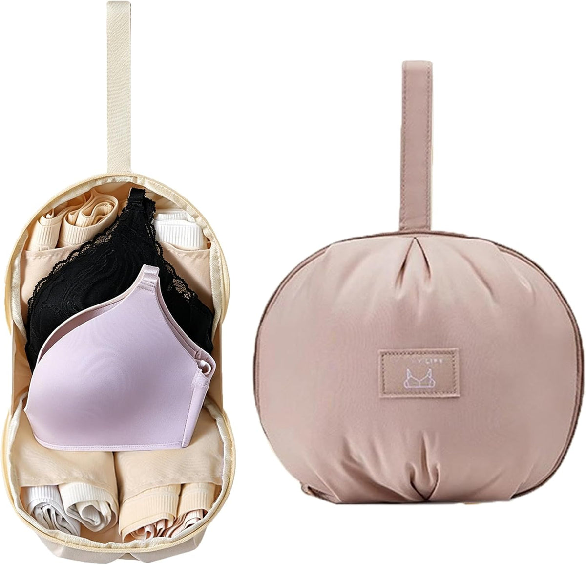 Lingerie Storage Bag Set, 2026 New Multi-Compartment Portable Travel Underwear Organizer Bag for Women, Spherical Underwear Packing Cube with Handle, Bra and Sock Travel Case (Beige)