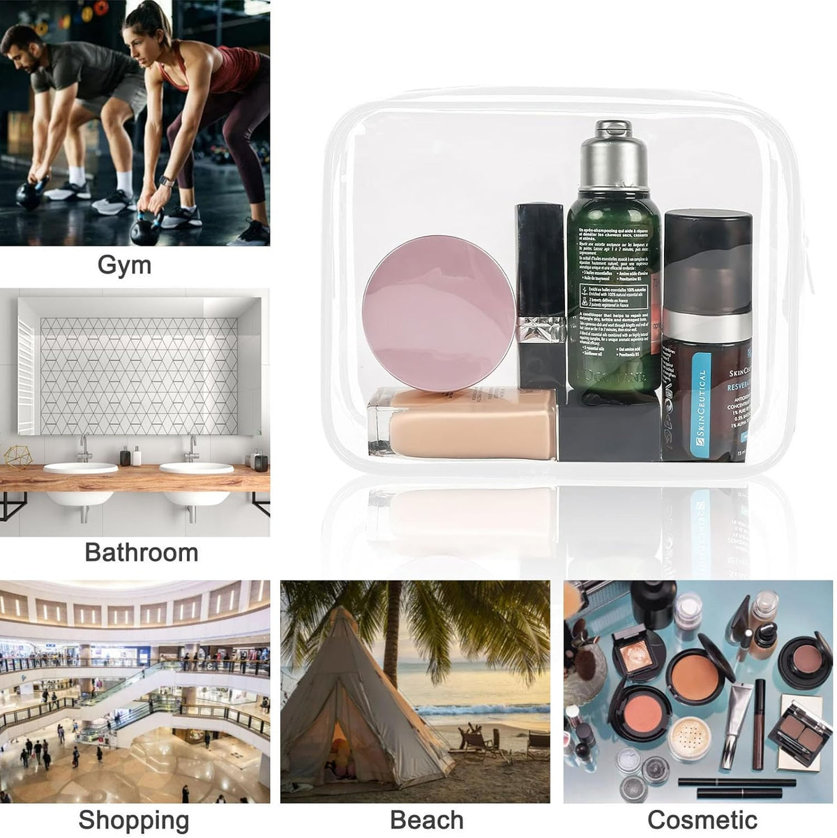6 Pieces Clear Cosmetics Bag Bulk, TSA Approved Toiletry Bag for Travel, Zippered Clear Pouch Cosmetic Makeup Bag Waterproof Vinyl Plastic Organizer Case for Vacation Bathroom (Large)