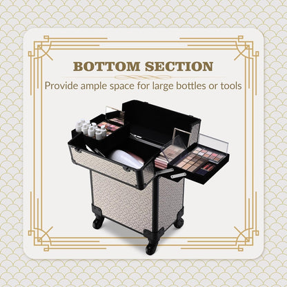 4in1 Cosmetology Case on Wheels w/Cosmetic Storage Makeup Artist | Aluminum Rolling Makeup Suitcase 360° Detachable Wheel Lockable Makeup Case Organizer w/ Mirror Nail Tech AD Graphite