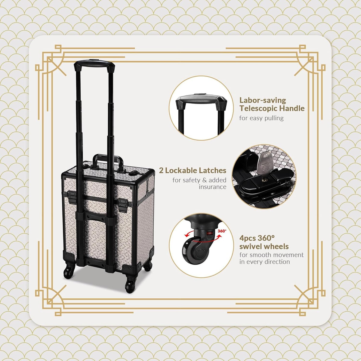 4in1 Cosmetology Case on Wheels w/Cosmetic Storage Makeup Artist | Aluminum Rolling Makeup Suitcase 360° Detachable Wheel Lockable Makeup Case Organizer w/ Mirror Nail Tech AD Graphite