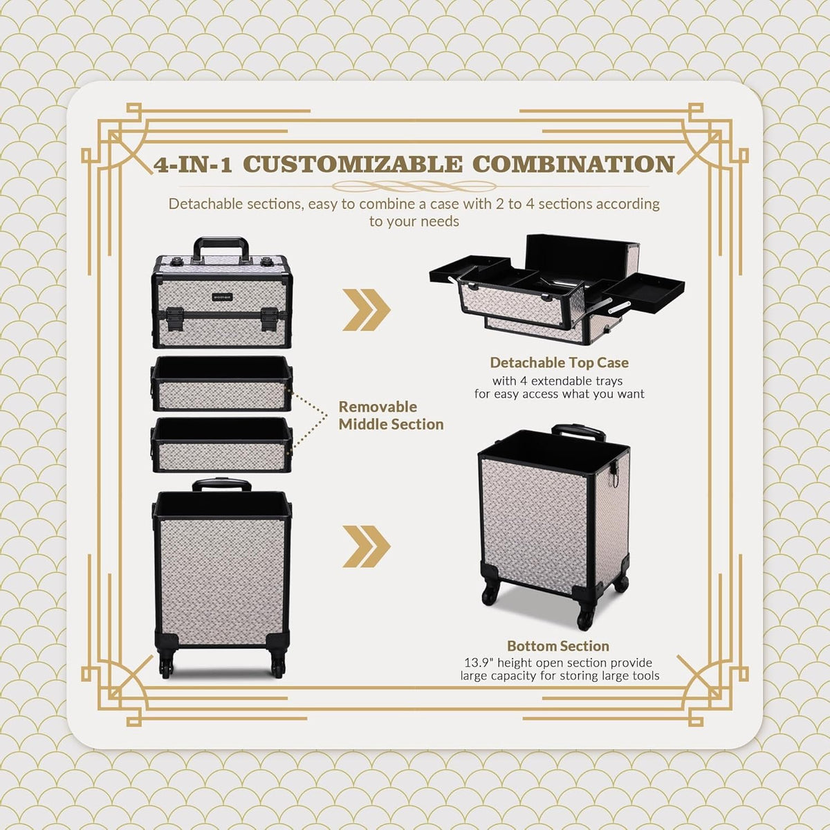 4in1 Cosmetology Case on Wheels w/Cosmetic Storage Makeup Artist | Aluminum Rolling Makeup Suitcase 360° Detachable Wheel Lockable Makeup Case Organizer w/ Mirror Nail Tech AD Graphite