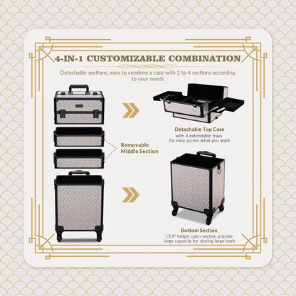 4in1 Cosmetology Case on Wheels w/Cosmetic Storage Makeup Artist | Aluminum Rolling Makeup Suitcase 360° Detachable Wheel Lockable Makeup Case Organizer w/ Mirror Nail Tech AD Graphite