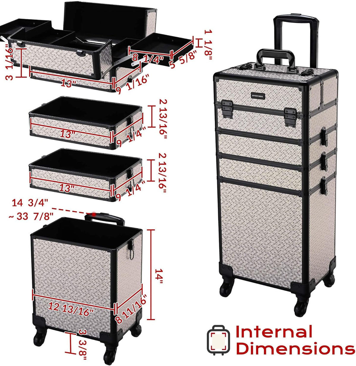 4in1 Cosmetology Case on Wheels w/Cosmetic Storage Makeup Artist | Aluminum Rolling Makeup Suitcase 360° Detachable Wheel Lockable Makeup Case Organizer w/ Mirror Nail Tech AD Graphite