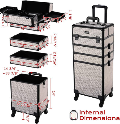 4in1 Cosmetology Case on Wheels w/Cosmetic Storage Makeup Artist | Aluminum Rolling Makeup Suitcase 360° Detachable Wheel Lockable Makeup Case Organizer w/ Mirror Nail Tech AD Graphite