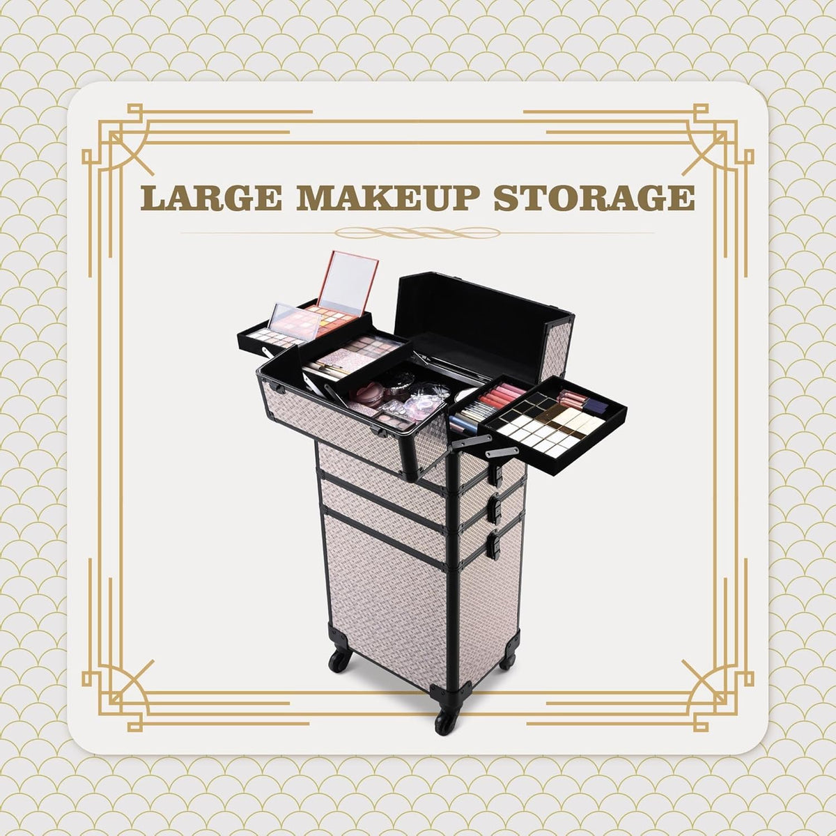 4in1 Cosmetology Case on Wheels w/Cosmetic Storage Makeup Artist | Aluminum Rolling Makeup Suitcase 360° Detachable Wheel Lockable Makeup Case Organizer w/ Mirror Nail Tech AD Graphite
