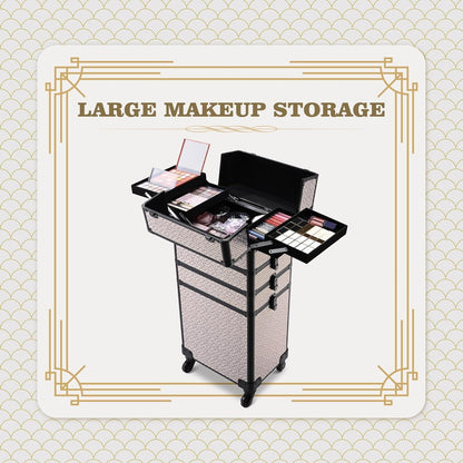 4in1 Cosmetology Case on Wheels w/Cosmetic Storage Makeup Artist | Aluminum Rolling Makeup Suitcase 360° Detachable Wheel Lockable Makeup Case Organizer w/ Mirror Nail Tech AD Graphite