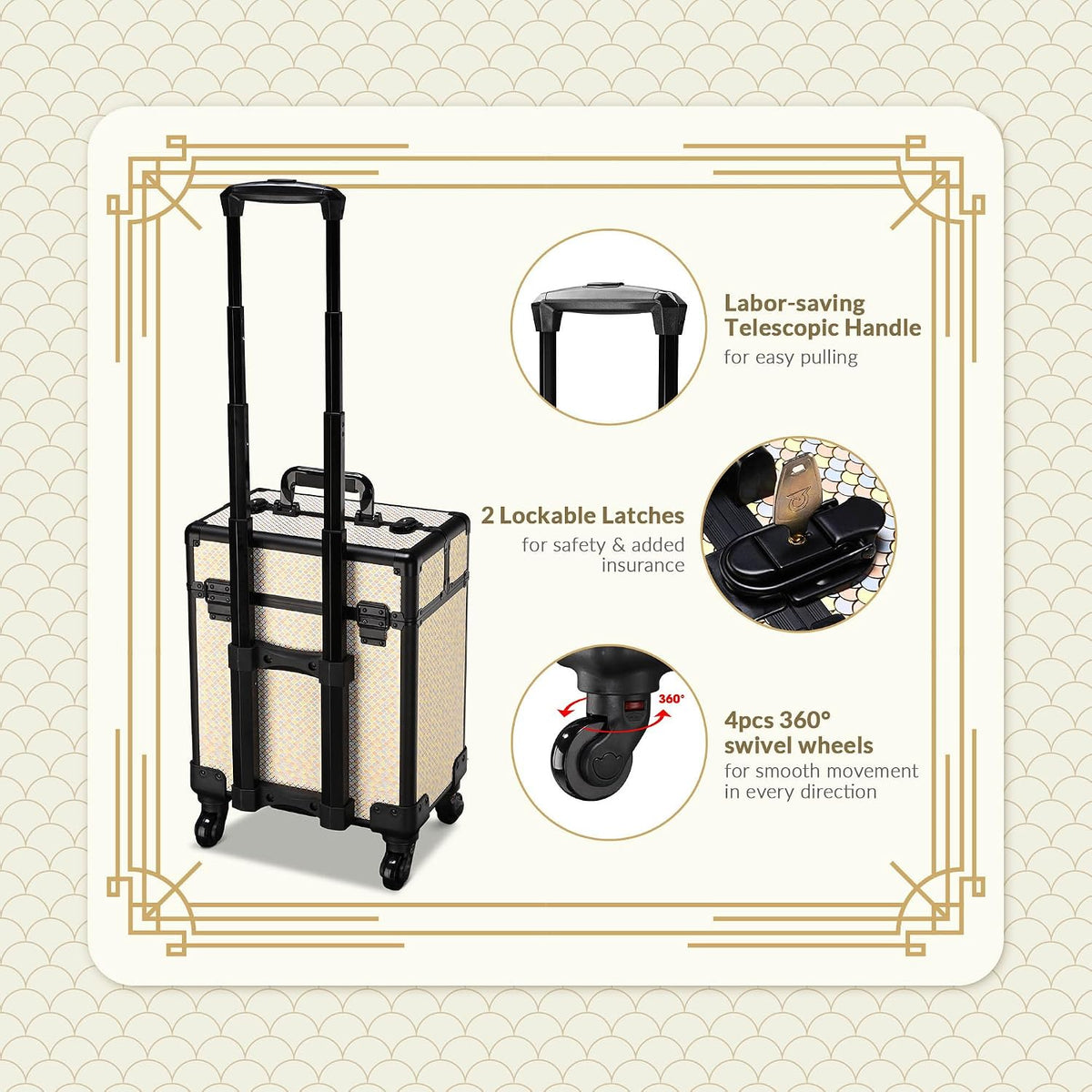 4in1 Cosmetology Case on Wheels w/Cosmetic Storage Makeup Artist | Aluminum Rolling Makeup Suitcase 360° Detachable Wheel Lockable Makeup Case Organizer w/ Mirror Nail Tech AD Graphite