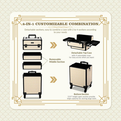 4in1 Cosmetology Case on Wheels w/Cosmetic Storage Makeup Artist | Aluminum Rolling Makeup Suitcase 360° Detachable Wheel Lockable Makeup Case Organizer w/ Mirror Nail Tech AD Graphite