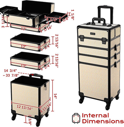 4in1 Cosmetology Case on Wheels w/Cosmetic Storage Makeup Artist | Aluminum Rolling Makeup Suitcase 360° Detachable Wheel Lockable Makeup Case Organizer w/ Mirror Nail Tech AD Graphite