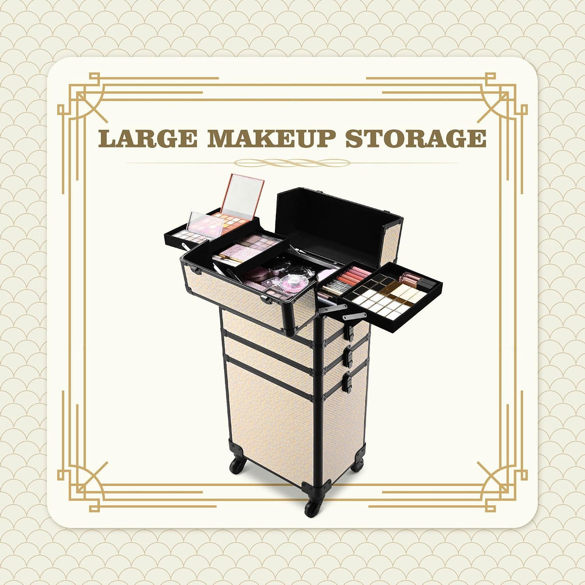 4in1 Cosmetology Case on Wheels w/Cosmetic Storage Makeup Artist | Aluminum Rolling Makeup Suitcase 360° Detachable Wheel Lockable Makeup Case Organizer w/ Mirror Nail Tech AD Graphite