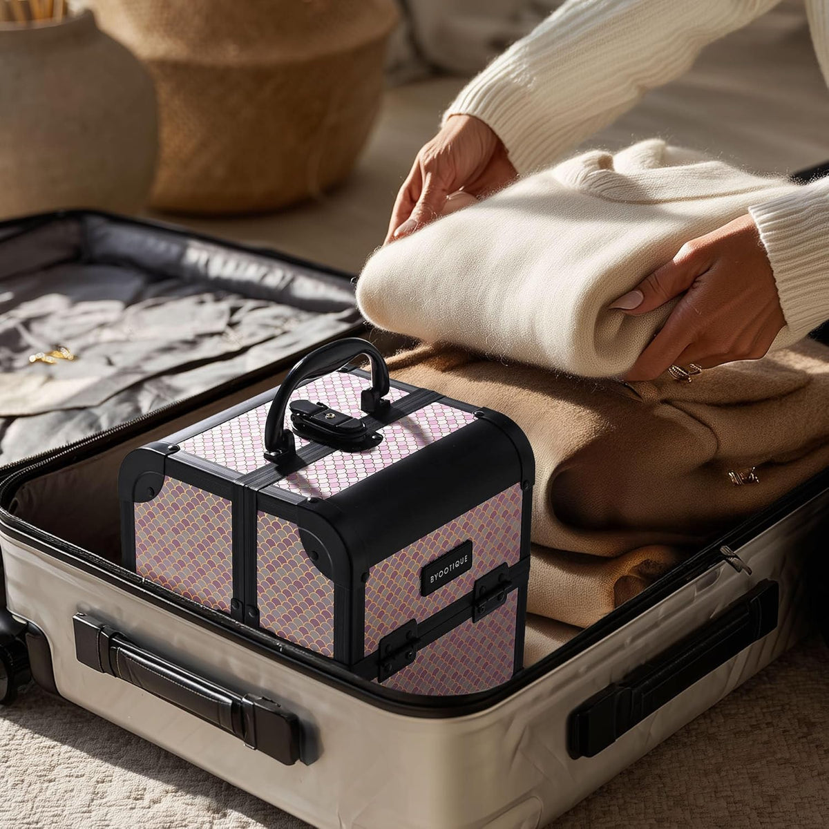 4in1 Cosmetology Case on Wheels w/Cosmetic Storage Makeup Artist | Aluminum Rolling Makeup Suitcase 360° Detachable Wheel Lockable Makeup Case Organizer w/ Mirror Nail Tech AD Graphite
