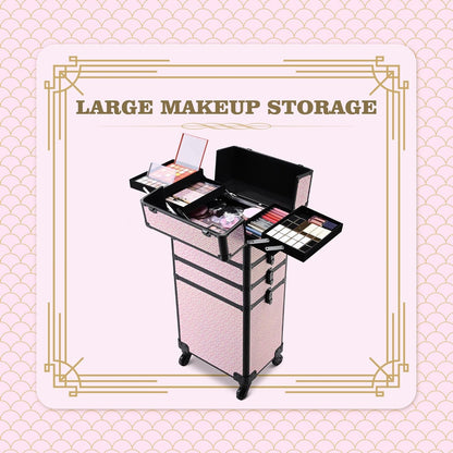 4in1 Cosmetology Case on Wheels w/Cosmetic Storage Makeup Artist | Aluminum Rolling Makeup Suitcase 360° Detachable Wheel Lockable Makeup Case Organizer w/ Mirror Nail Tech AD Graphite