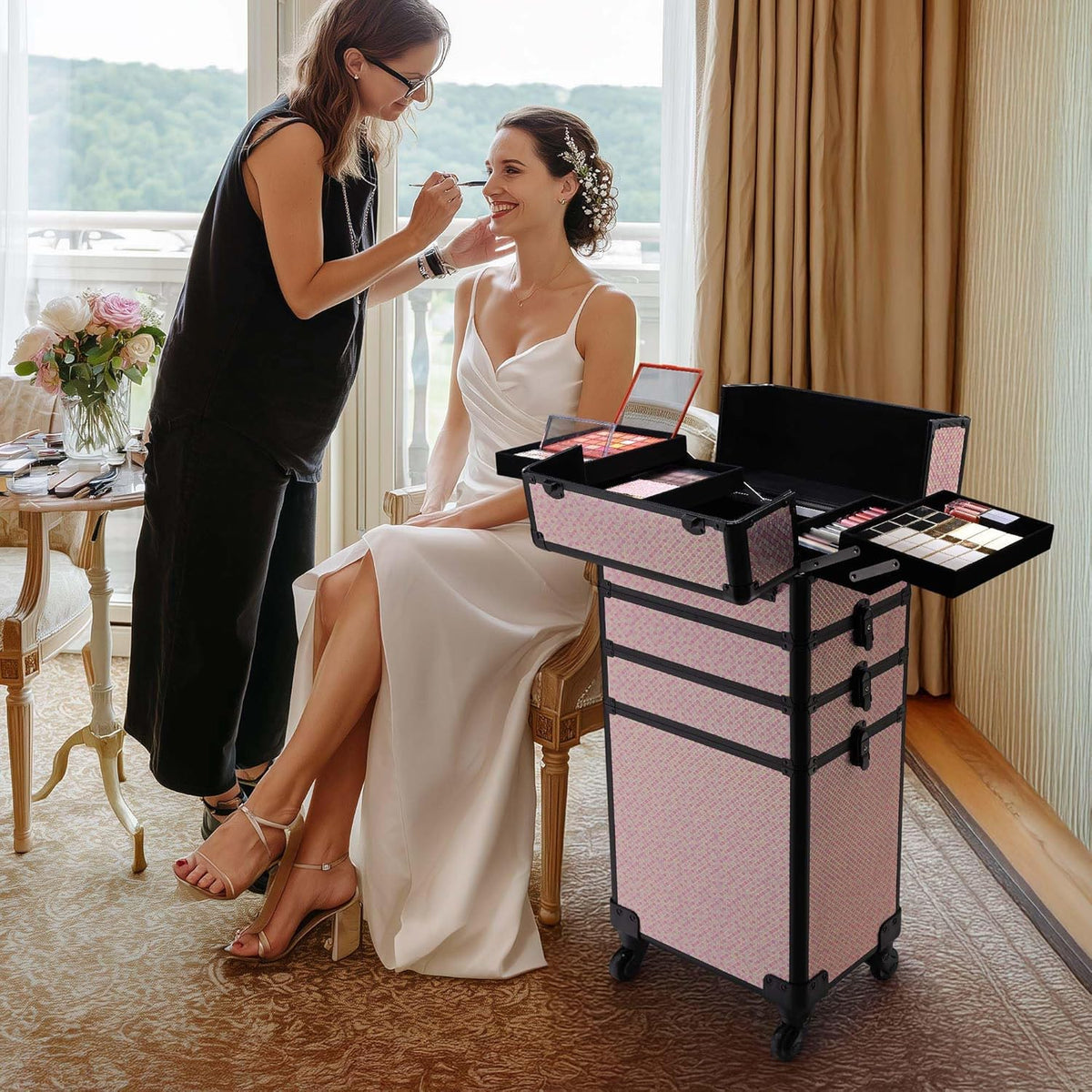 4in1 Cosmetology Case on Wheels w/Cosmetic Storage Makeup Artist | Aluminum Rolling Makeup Suitcase 360° Detachable Wheel Lockable Makeup Case Organizer w/ Mirror Nail Tech AD Graphite