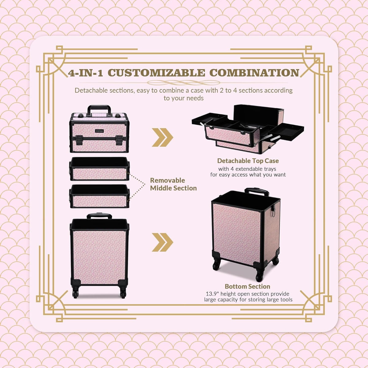 4in1 Cosmetology Case on Wheels w/Cosmetic Storage Makeup Artist | Aluminum Rolling Makeup Suitcase 360° Detachable Wheel Lockable Makeup Case Organizer w/ Mirror Nail Tech AD Graphite