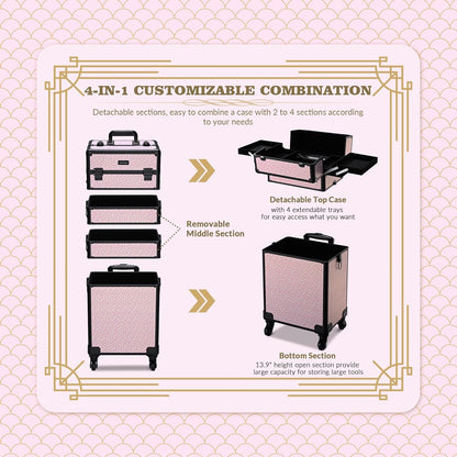 4in1 Cosmetology Case on Wheels w/Cosmetic Storage Makeup Artist | Aluminum Rolling Makeup Suitcase 360° Detachable Wheel Lockable Makeup Case Organizer w/ Mirror Nail Tech AD Graphite