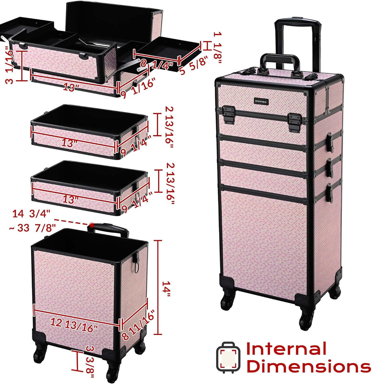 4in1 Cosmetology Case on Wheels w/Cosmetic Storage Makeup Artist | Aluminum Rolling Makeup Suitcase 360° Detachable Wheel Lockable Makeup Case Organizer w/ Mirror Nail Tech AD Graphite