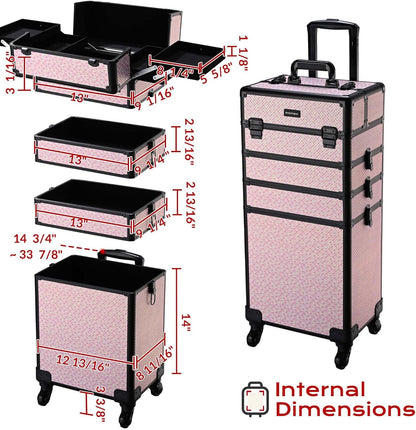 4in1 Cosmetology Case on Wheels w/Cosmetic Storage Makeup Artist | Aluminum Rolling Makeup Suitcase 360° Detachable Wheel Lockable Makeup Case Organizer w/ Mirror Nail Tech AD Graphite