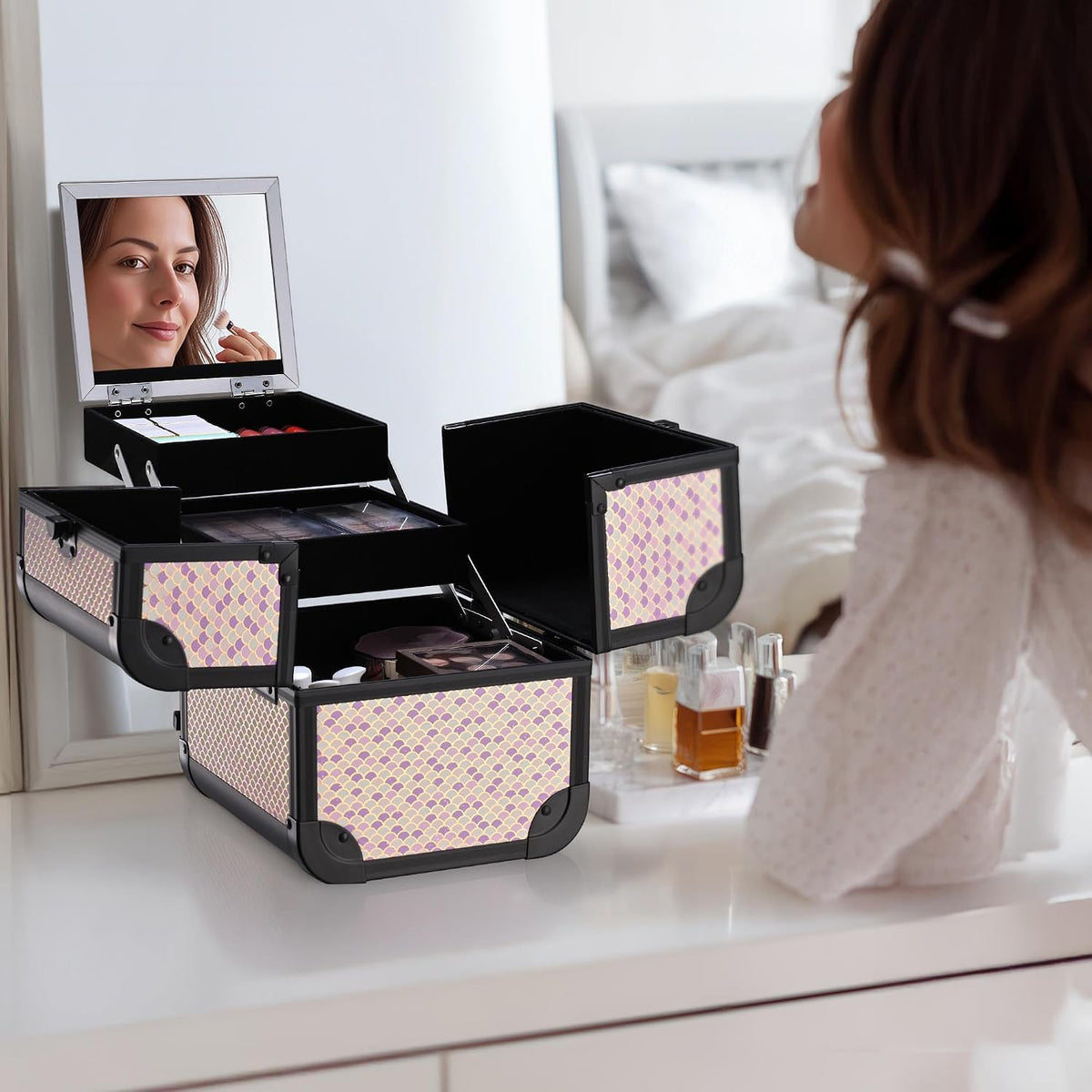 4in1 Cosmetology Case on Wheels w/Cosmetic Storage Makeup Artist | Aluminum Rolling Makeup Suitcase 360° Detachable Wheel Lockable Makeup Case Organizer w/ Mirror Nail Tech AD Graphite