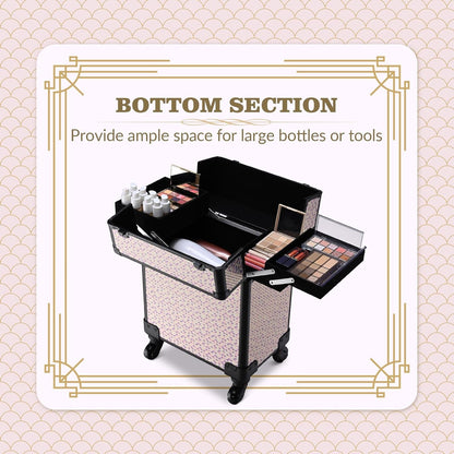 4in1 Cosmetology Case on Wheels w/Cosmetic Storage Makeup Artist | Aluminum Rolling Makeup Suitcase 360° Detachable Wheel Lockable Makeup Case Organizer w/ Mirror Nail Tech AD Graphite