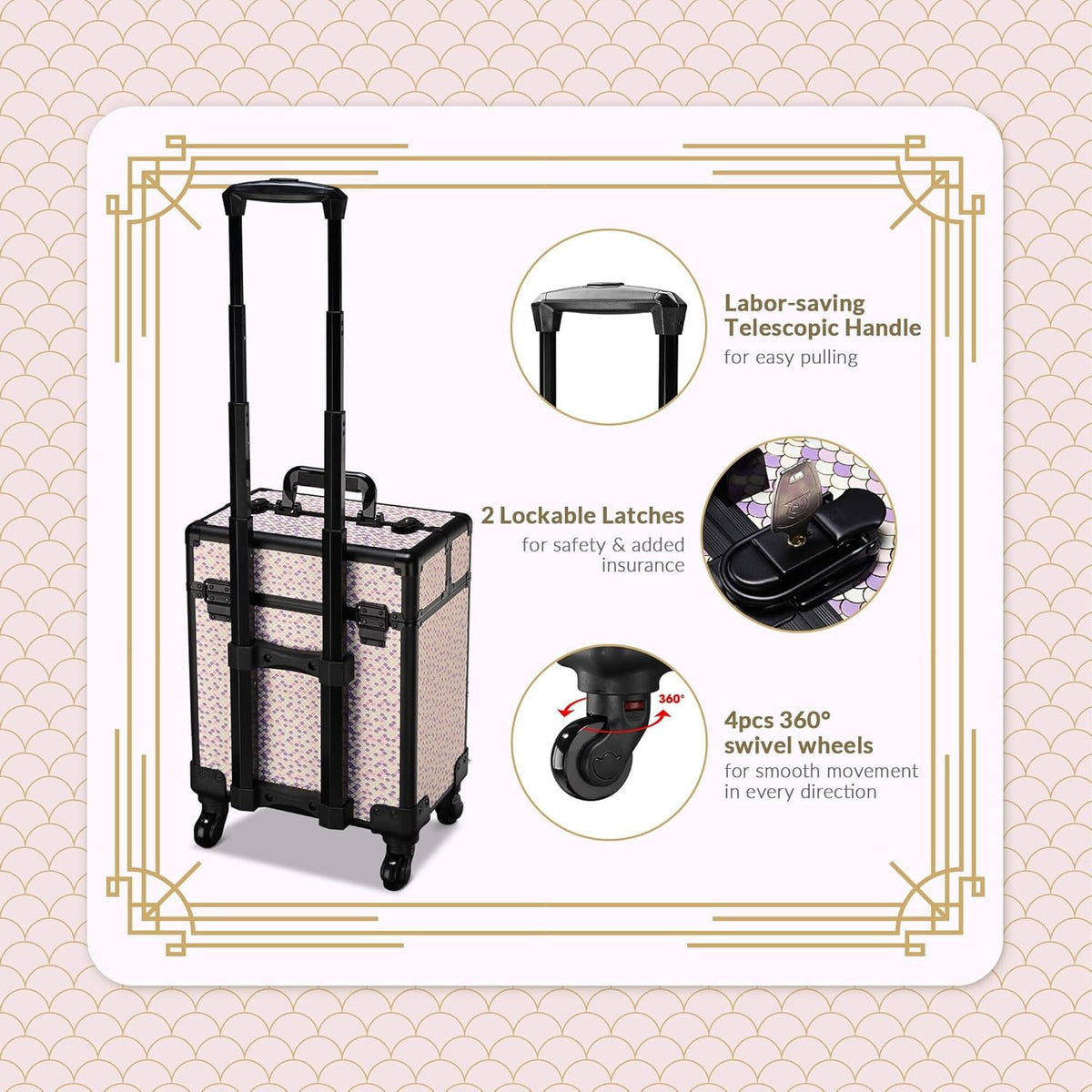 4in1 Cosmetology Case on Wheels w/Cosmetic Storage Makeup Artist | Aluminum Rolling Makeup Suitcase 360° Detachable Wheel Lockable Makeup Case Organizer w/ Mirror Nail Tech AD Graphite