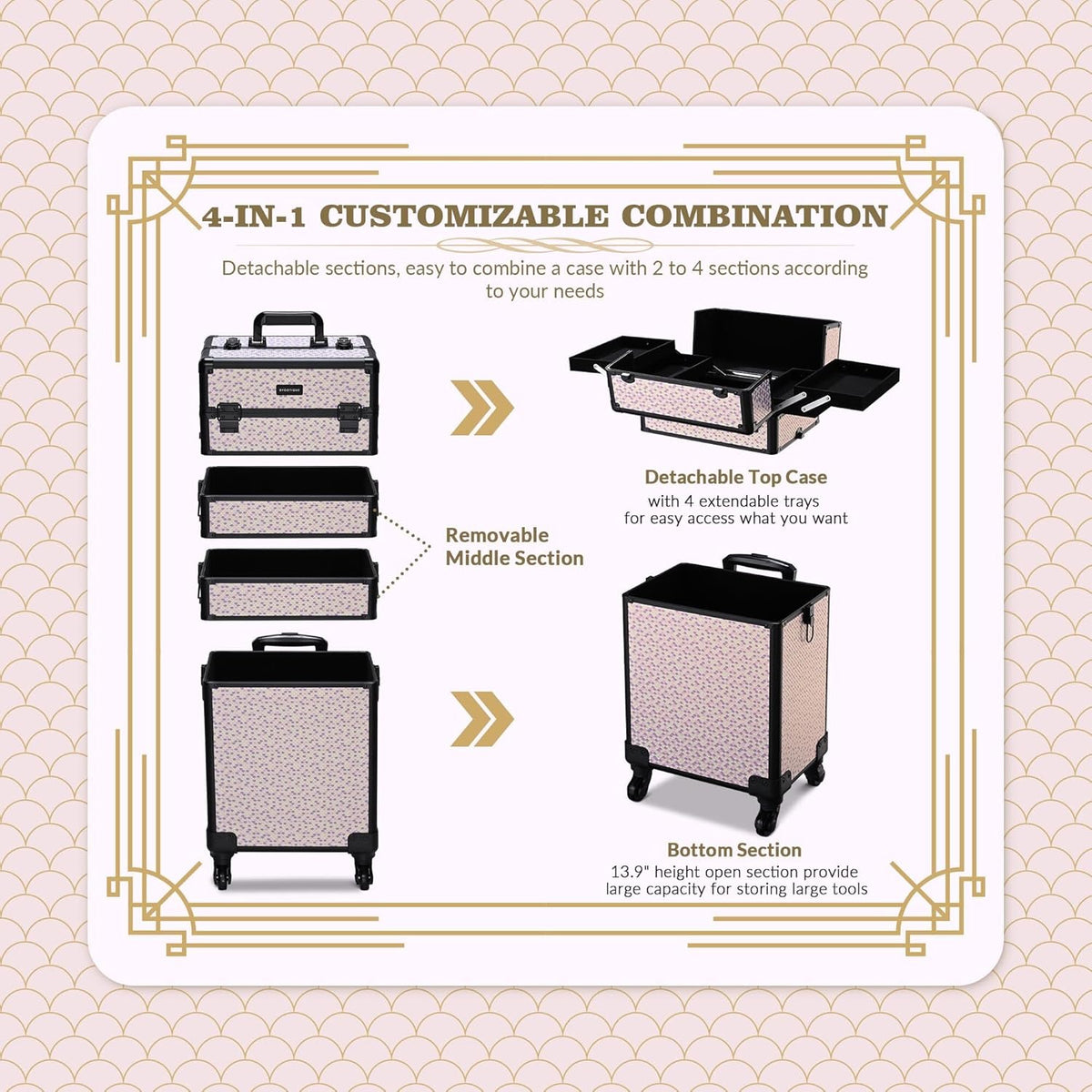 4in1 Cosmetology Case on Wheels w/Cosmetic Storage Makeup Artist | Aluminum Rolling Makeup Suitcase 360° Detachable Wheel Lockable Makeup Case Organizer w/ Mirror Nail Tech AD Graphite