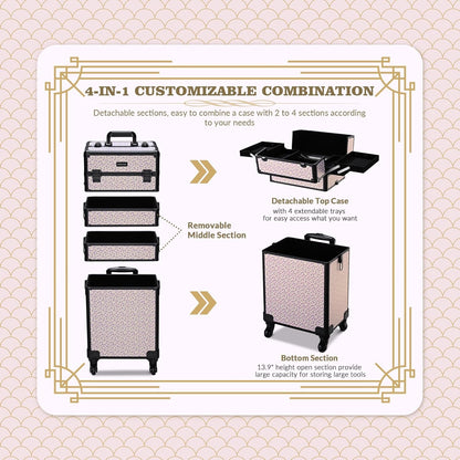 4in1 Cosmetology Case on Wheels w/Cosmetic Storage Makeup Artist | Aluminum Rolling Makeup Suitcase 360° Detachable Wheel Lockable Makeup Case Organizer w/ Mirror Nail Tech AD Graphite