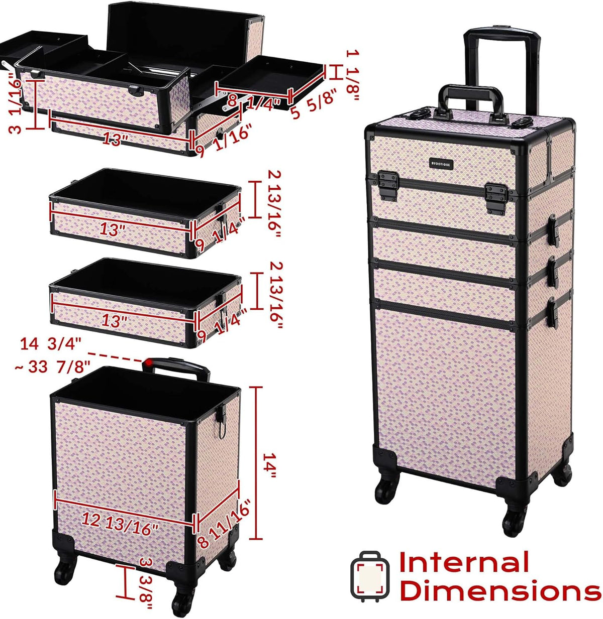 4in1 Cosmetology Case on Wheels w/Cosmetic Storage Makeup Artist | Aluminum Rolling Makeup Suitcase 360° Detachable Wheel Lockable Makeup Case Organizer w/ Mirror Nail Tech AD Graphite