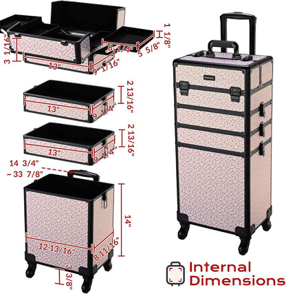 4in1 Cosmetology Case on Wheels w/Cosmetic Storage Makeup Artist | Aluminum Rolling Makeup Suitcase 360° Detachable Wheel Lockable Makeup Case Organizer w/ Mirror Nail Tech AD Graphite