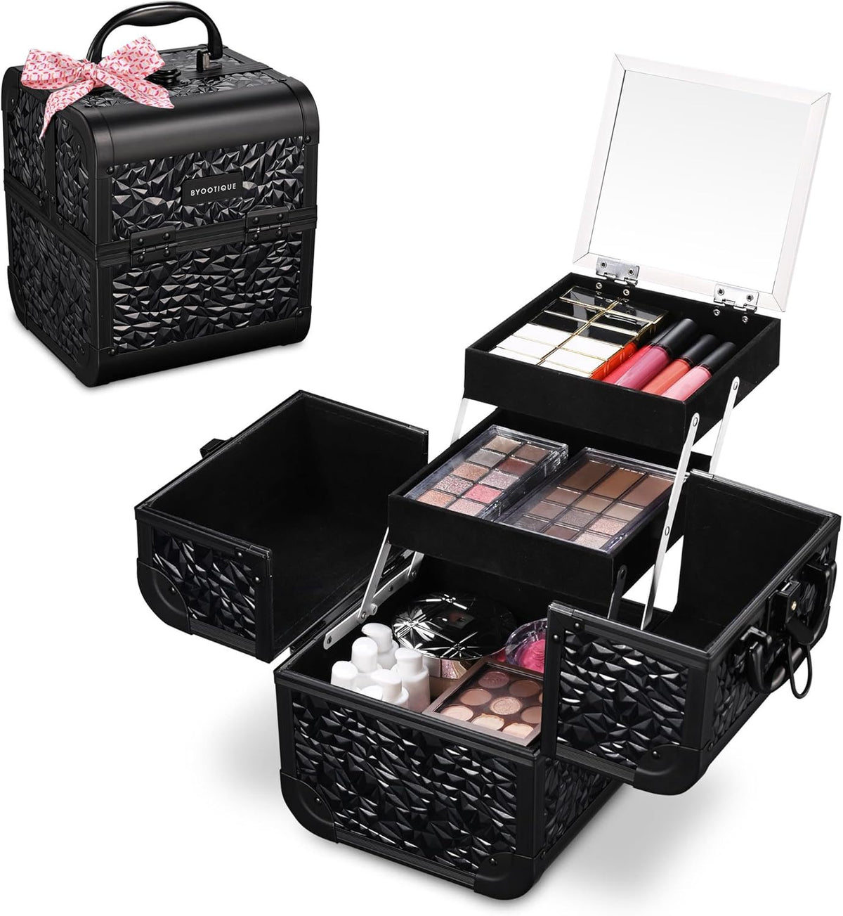 4in1 Cosmetology Case on Wheels w/Cosmetic Storage Makeup Artist | Aluminum Rolling Makeup Suitcase 360° Detachable Wheel Lockable Makeup Case Organizer w/ Mirror Nail Tech AD Graphite