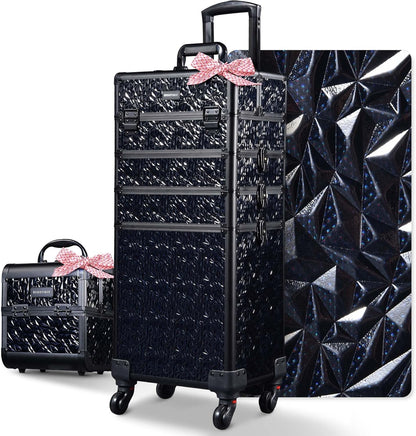 4in1 Cosmetology Case on Wheels w/Cosmetic Storage Makeup Artist | Aluminum Rolling Makeup Suitcase 360° Detachable Wheel Lockable Makeup Case Organizer w/ Mirror Nail Tech AD Graphite
