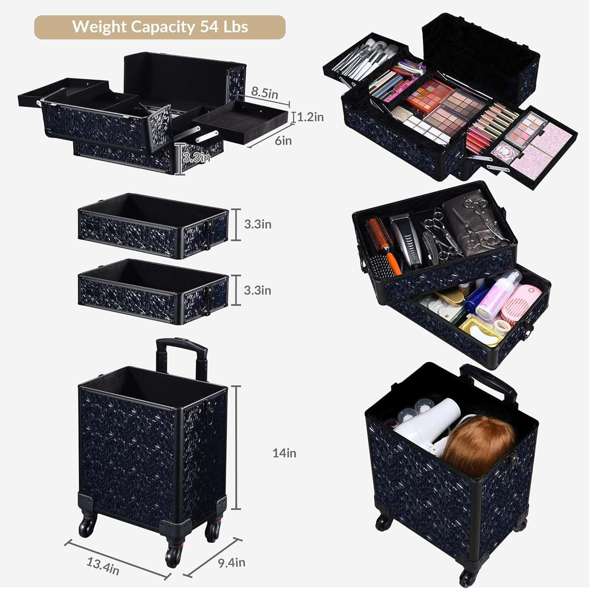 4in1 Cosmetology Case on Wheels w/Cosmetic Storage Makeup Artist | Aluminum Rolling Makeup Suitcase 360° Detachable Wheel Lockable Makeup Case Organizer w/ Mirror Nail Tech AD Graphite