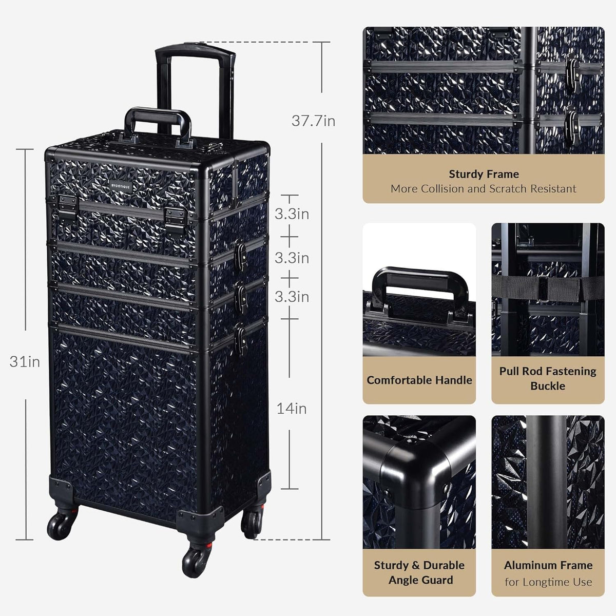 4in1 Cosmetology Case on Wheels w/Cosmetic Storage Makeup Artist | Aluminum Rolling Makeup Suitcase 360° Detachable Wheel Lockable Makeup Case Organizer w/ Mirror Nail Tech AD Graphite