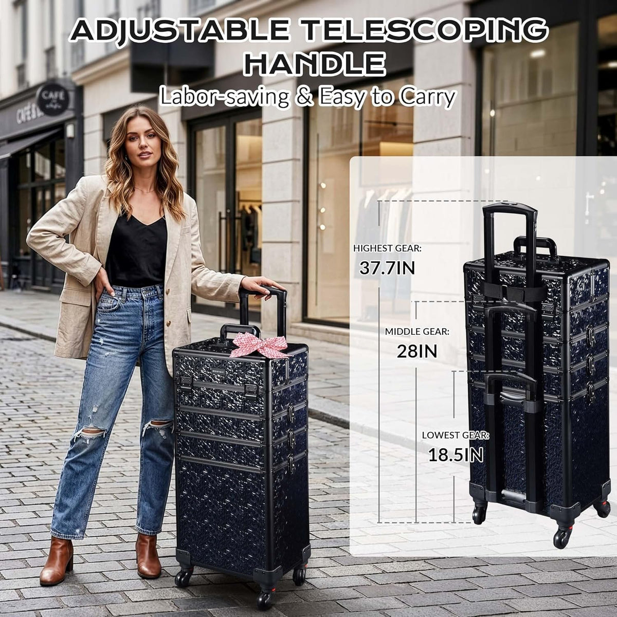 4in1 Cosmetology Case on Wheels w/Cosmetic Storage Makeup Artist | Aluminum Rolling Makeup Suitcase 360° Detachable Wheel Lockable Makeup Case Organizer w/ Mirror Nail Tech AD Graphite