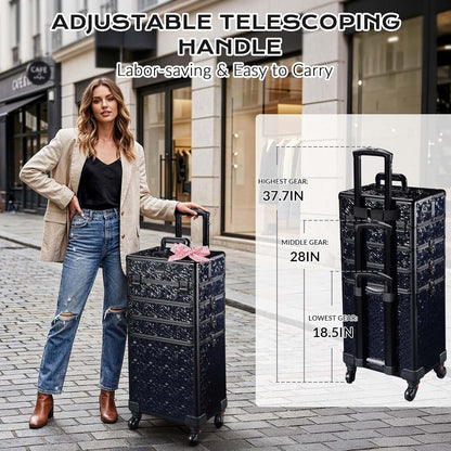 4in1 Cosmetology Case on Wheels w/Cosmetic Storage Makeup Artist | Aluminum Rolling Makeup Suitcase 360° Detachable Wheel Lockable Makeup Case Organizer w/ Mirror Nail Tech AD Graphite