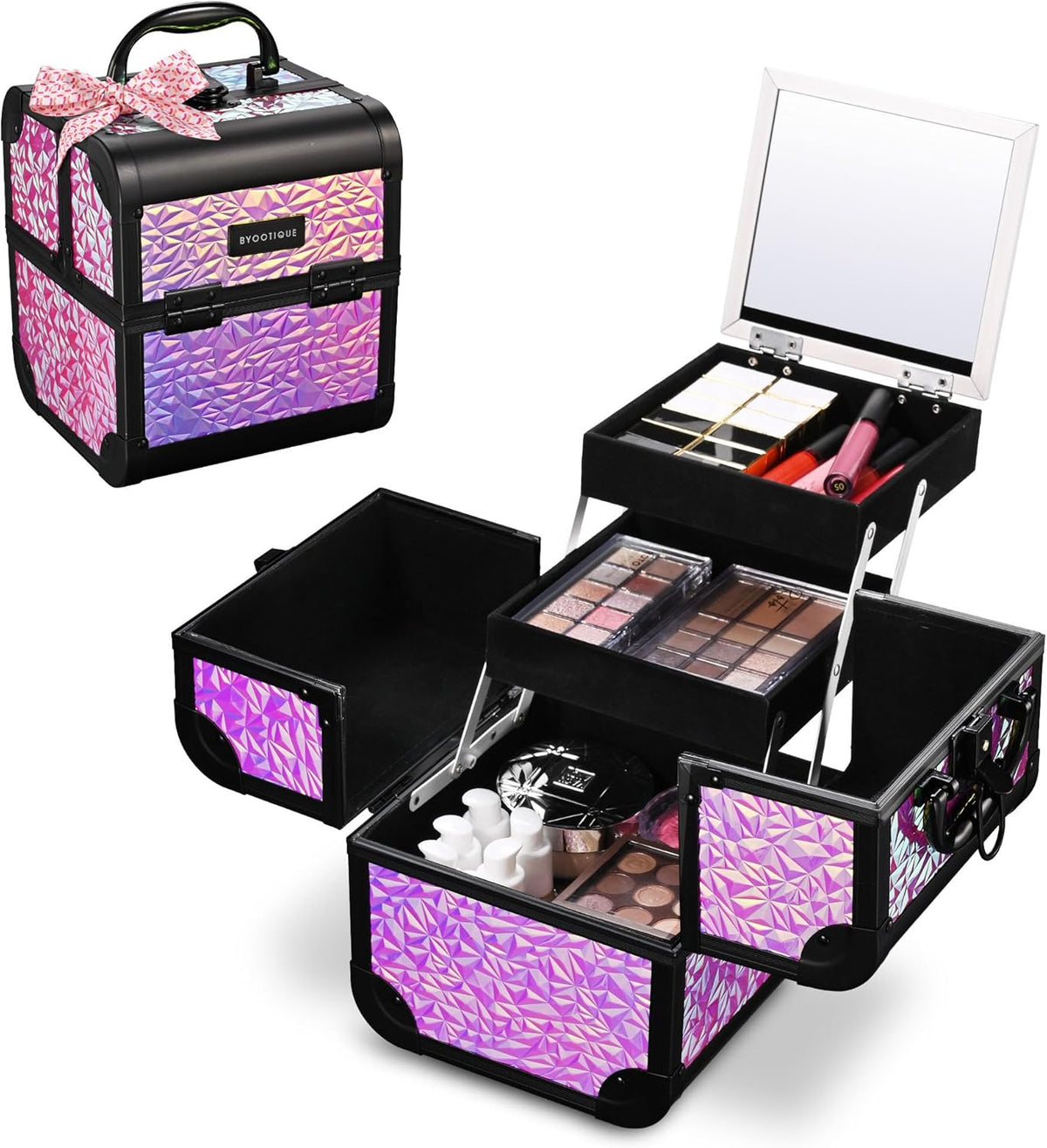 4in1 Cosmetology Case on Wheels w/Cosmetic Storage Makeup Artist | Aluminum Rolling Makeup Suitcase 360° Detachable Wheel Lockable Makeup Case Organizer w/ Mirror Nail Tech AD Graphite