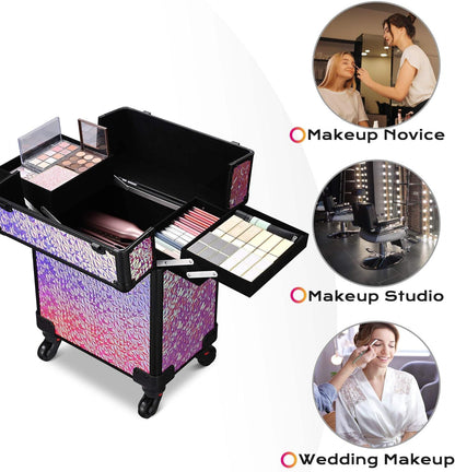 4in1 Cosmetology Case on Wheels w/Cosmetic Storage Makeup Artist | Aluminum Rolling Makeup Suitcase 360° Detachable Wheel Lockable Makeup Case Organizer w/ Mirror Nail Tech AD Graphite