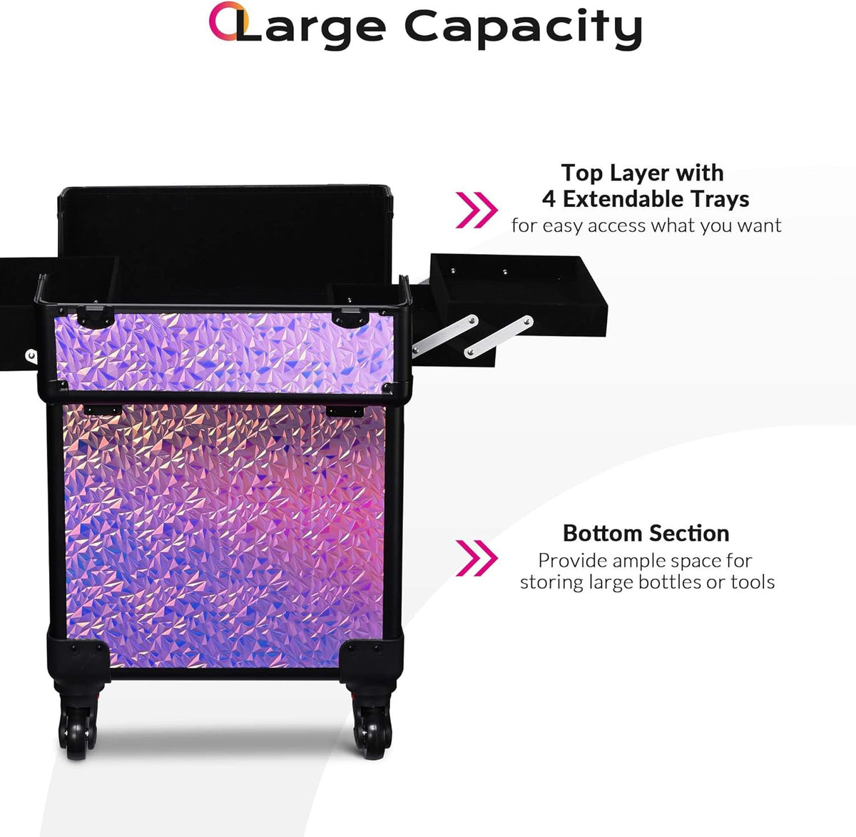4in1 Cosmetology Case on Wheels w/Cosmetic Storage Makeup Artist | Aluminum Rolling Makeup Suitcase 360° Detachable Wheel Lockable Makeup Case Organizer w/ Mirror Nail Tech AD Graphite