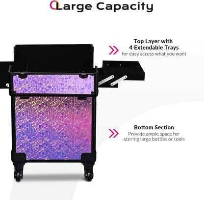 4in1 Cosmetology Case on Wheels w/Cosmetic Storage Makeup Artist | Aluminum Rolling Makeup Suitcase 360° Detachable Wheel Lockable Makeup Case Organizer w/ Mirror Nail Tech AD Graphite