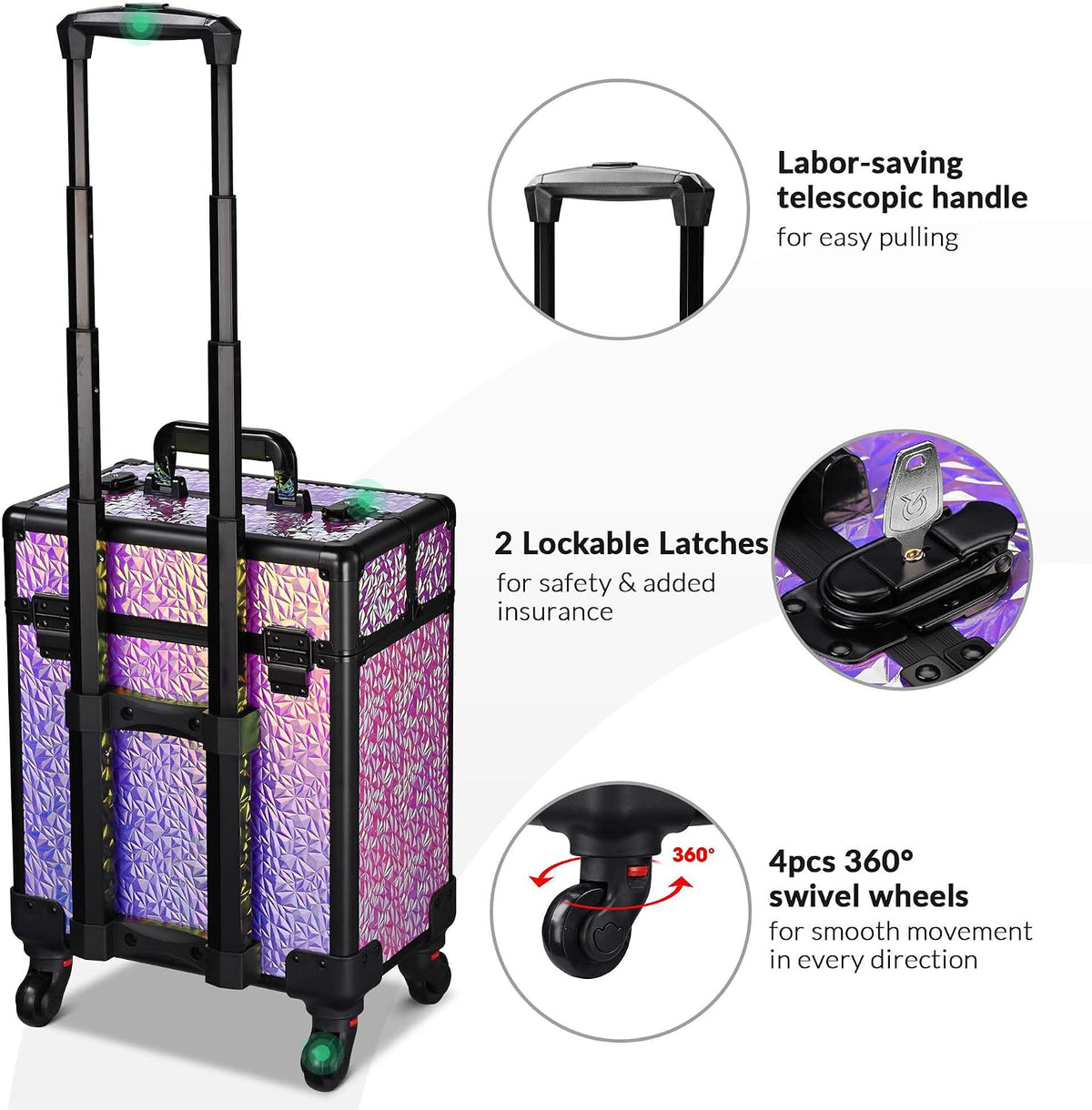 4in1 Cosmetology Case on Wheels w/Cosmetic Storage Makeup Artist | Aluminum Rolling Makeup Suitcase 360° Detachable Wheel Lockable Makeup Case Organizer w/ Mirror Nail Tech AD Graphite