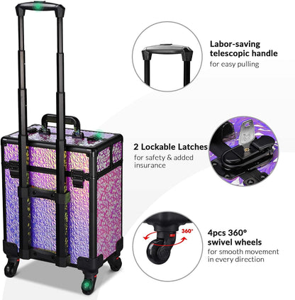 4in1 Cosmetology Case on Wheels w/Cosmetic Storage Makeup Artist | Aluminum Rolling Makeup Suitcase 360° Detachable Wheel Lockable Makeup Case Organizer w/ Mirror Nail Tech AD Graphite
