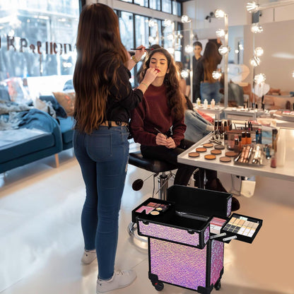 4in1 Cosmetology Case on Wheels w/Cosmetic Storage Makeup Artist | Aluminum Rolling Makeup Suitcase 360° Detachable Wheel Lockable Makeup Case Organizer w/ Mirror Nail Tech AD Graphite