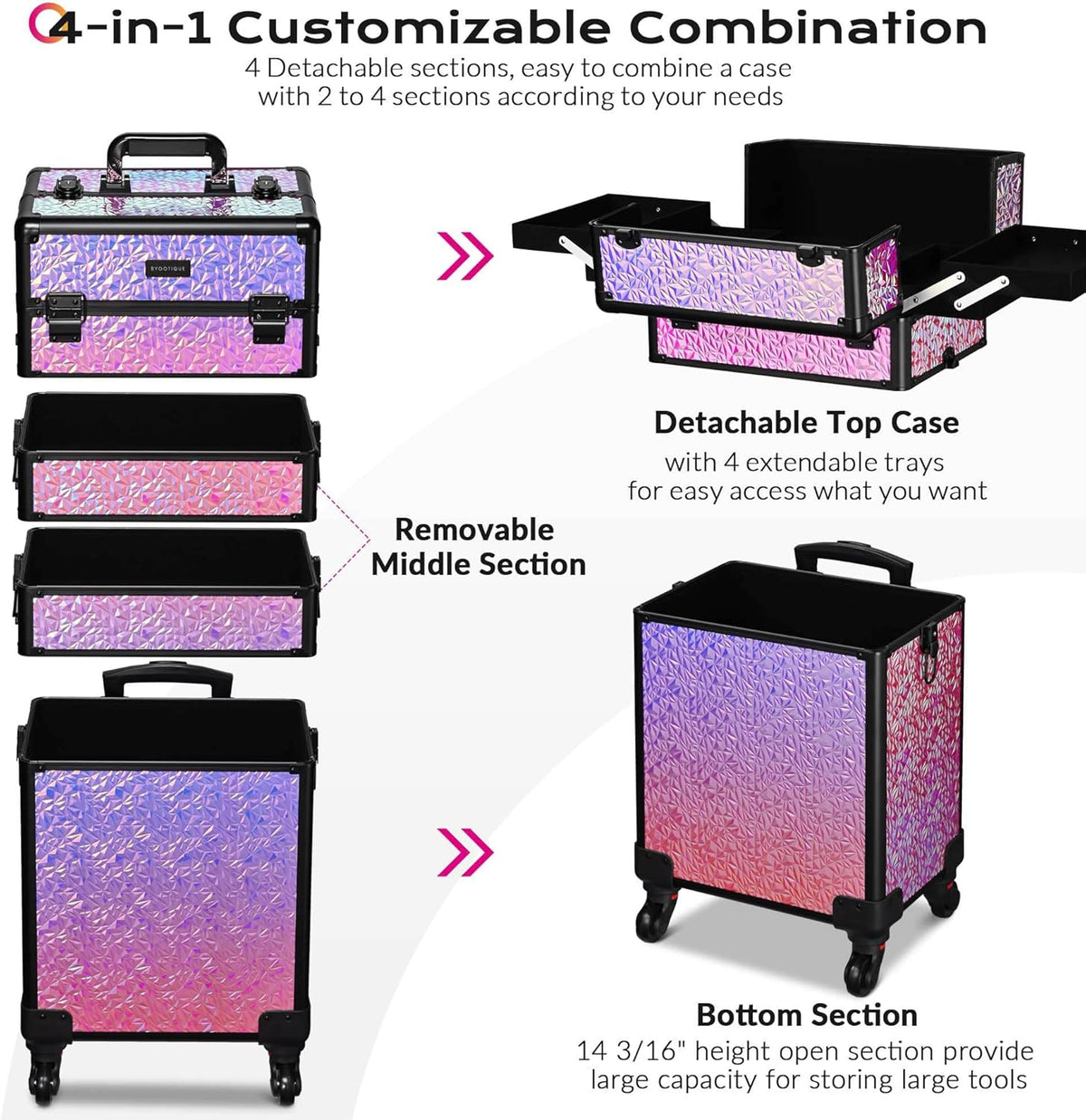 4in1 Cosmetology Case on Wheels w/Cosmetic Storage Makeup Artist | Aluminum Rolling Makeup Suitcase 360° Detachable Wheel Lockable Makeup Case Organizer w/ Mirror Nail Tech AD Graphite