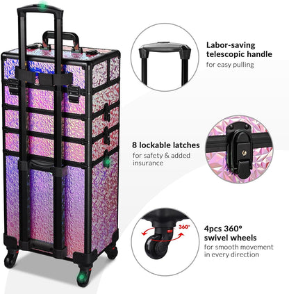 4in1 Cosmetology Case on Wheels w/Cosmetic Storage Makeup Artist | Aluminum Rolling Makeup Suitcase 360° Detachable Wheel Lockable Makeup Case Organizer w/ Mirror Nail Tech AD Graphite